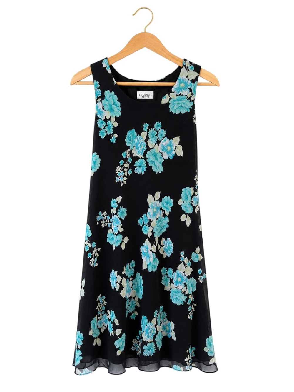 Y2K Black Blue Floral Sleeveless Midi Dress 14P Ethereal Wedding Guest Phoebe
